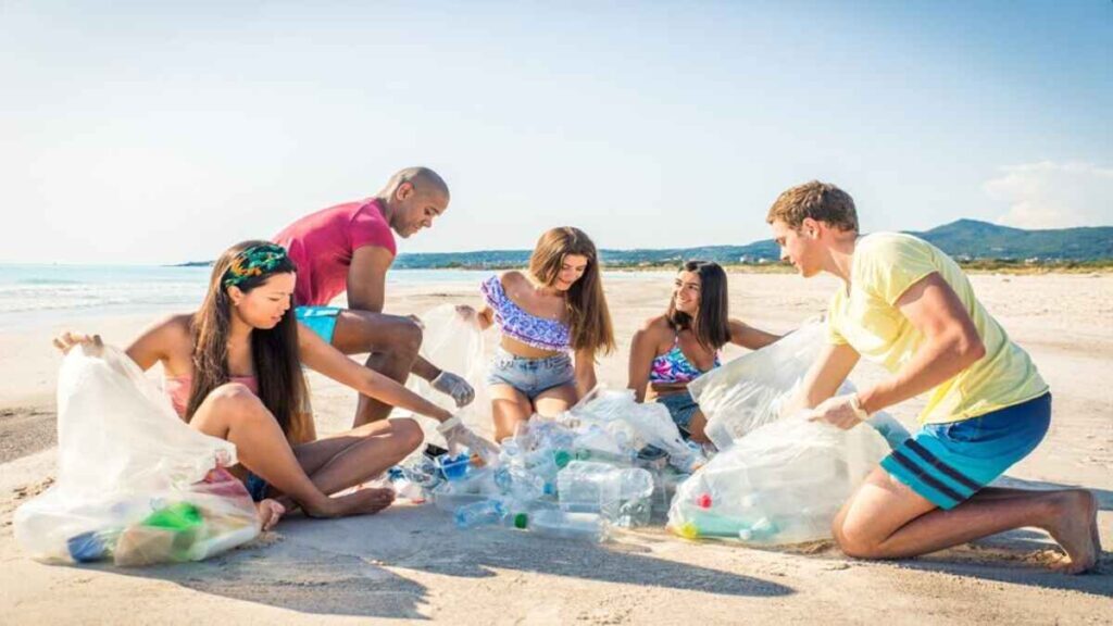 Beach clean ups volunteers sorting beach litter