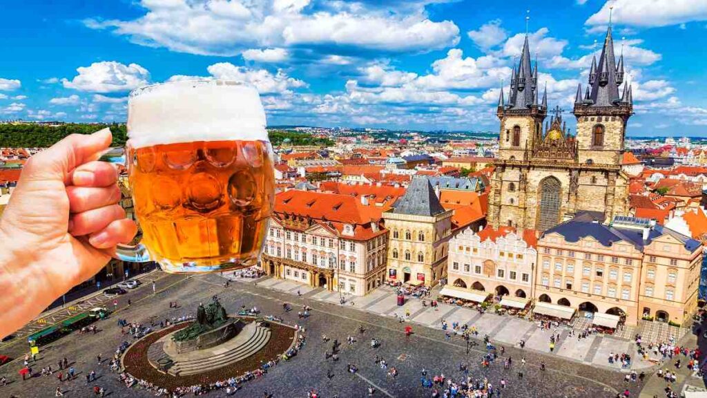 Visiting Prague in Czech Republic, beer on the square
