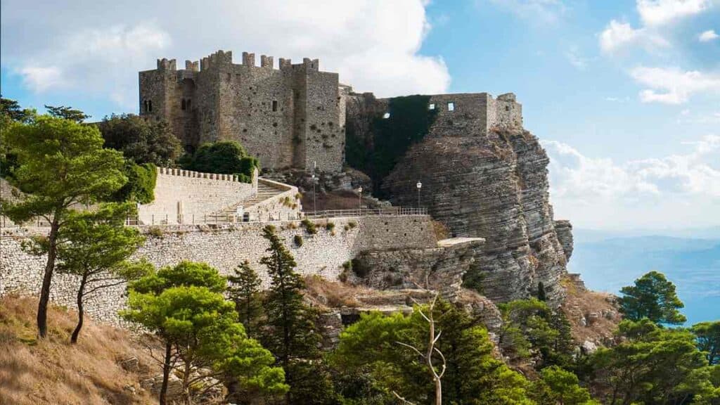 Towns and cities in Sicily, medieval Erice castle and stone village on Monte San Giuliano summit