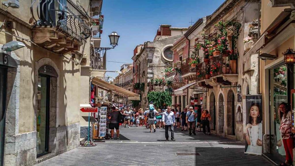 Towns and cities in Sicily, characteristic alleyway in Taormina's historic center