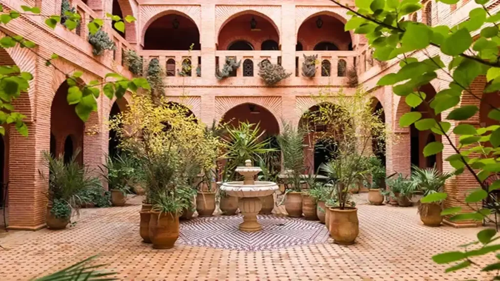 Marrakech city Morocco, riad interior courtyard