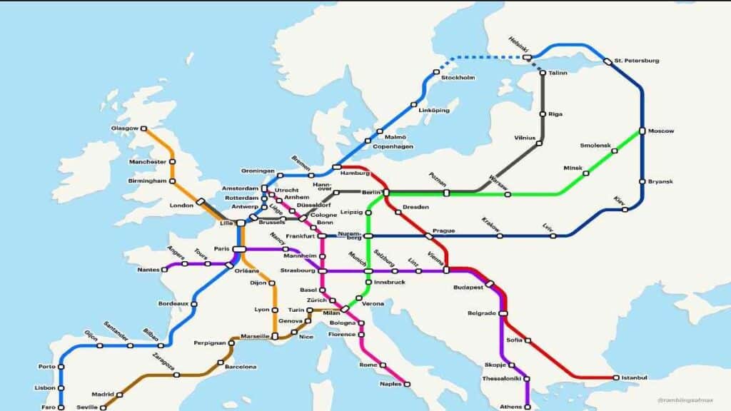 Train trips across Europe, train station map