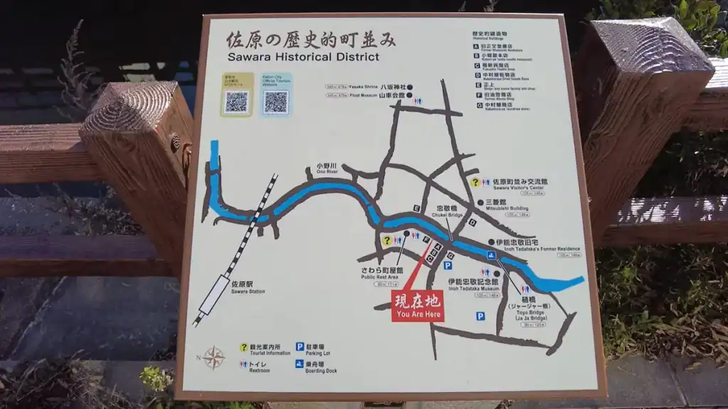 Sawara Historical District visitor map showing canal, attractions, and walking routes for Narita Airport Sawara itinerary planning