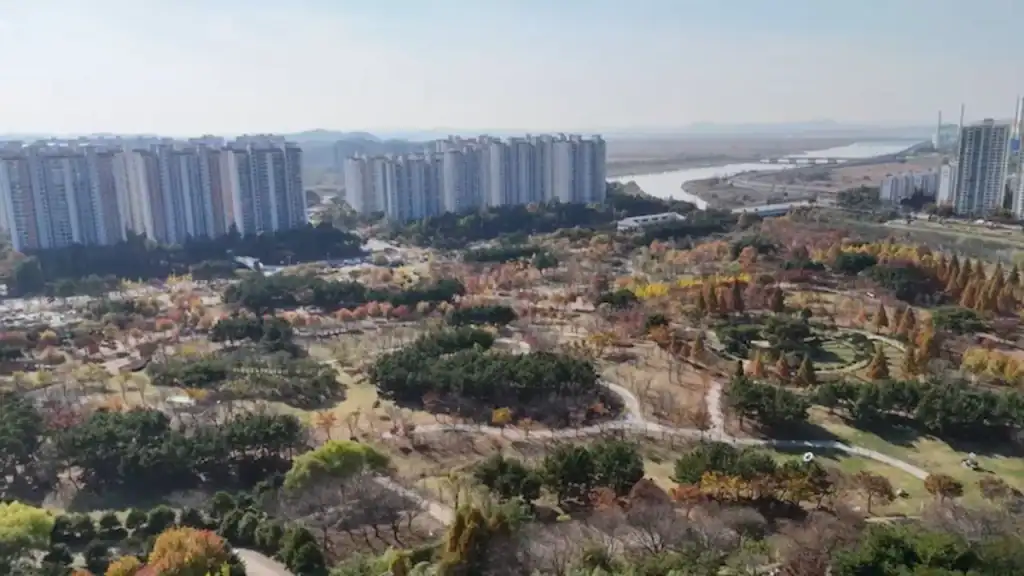 Aerial view of Ansan Lake Park showing autumn foliage, winding paths, green spaces, and apartment buildings in background