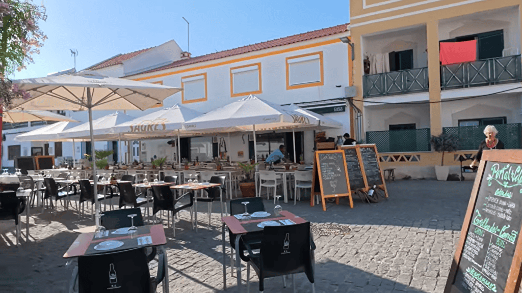 Cafe terrace dining in village square