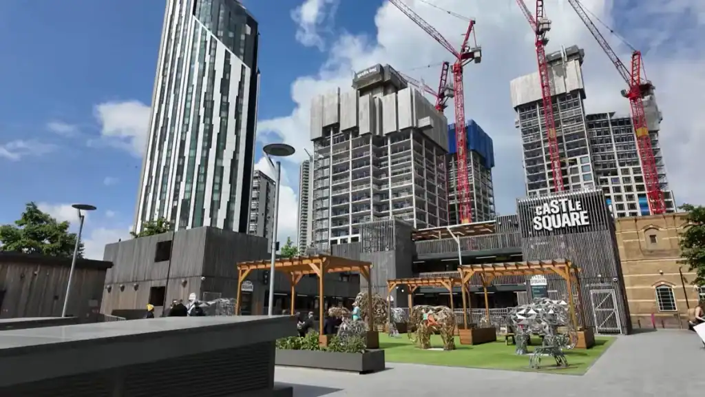 Castle Square Elephant and Castle with residential towers under construction and public plaza area