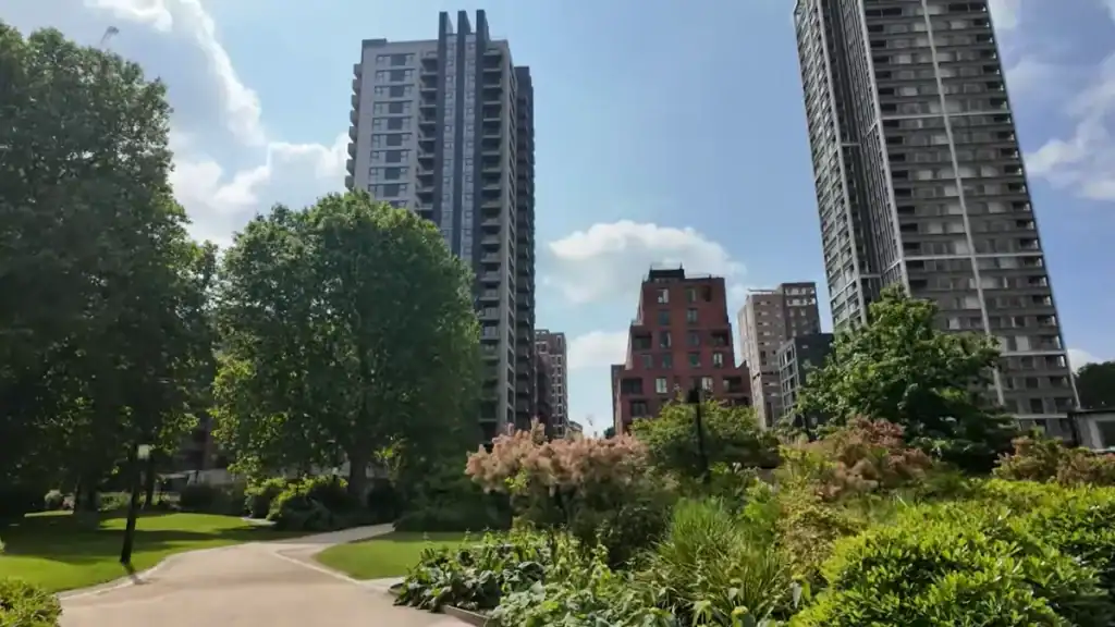 Elephant Park Elephant and Castle featuring landscaped gardens with pathways and surrounding residential tower blocks