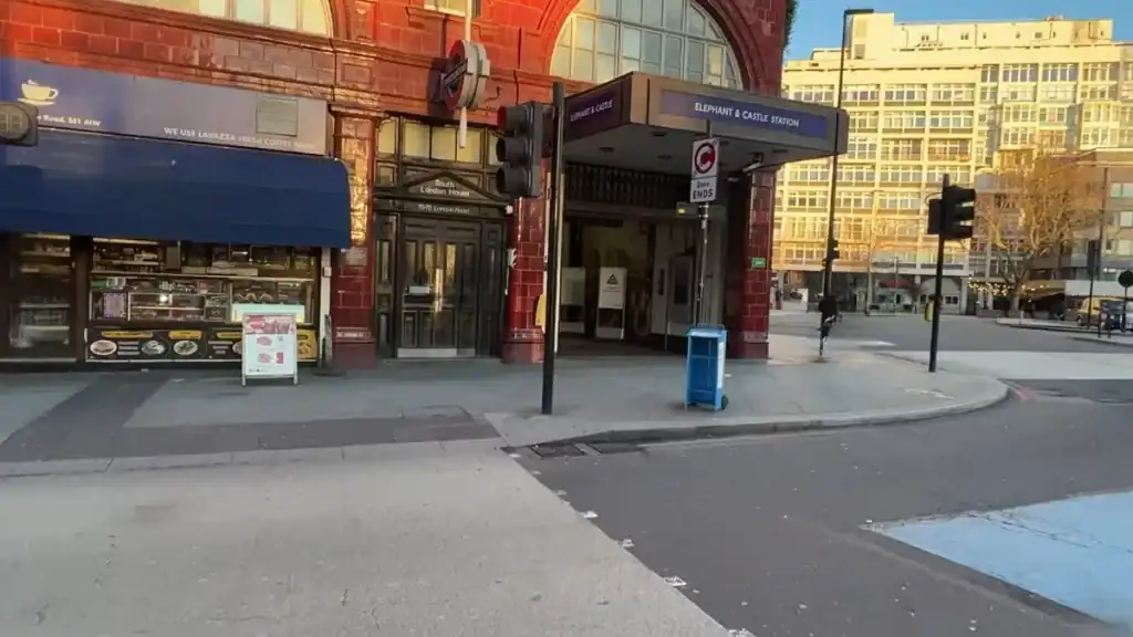 Is Elephant and Castle safe to visit showing the modern station entrance in South London