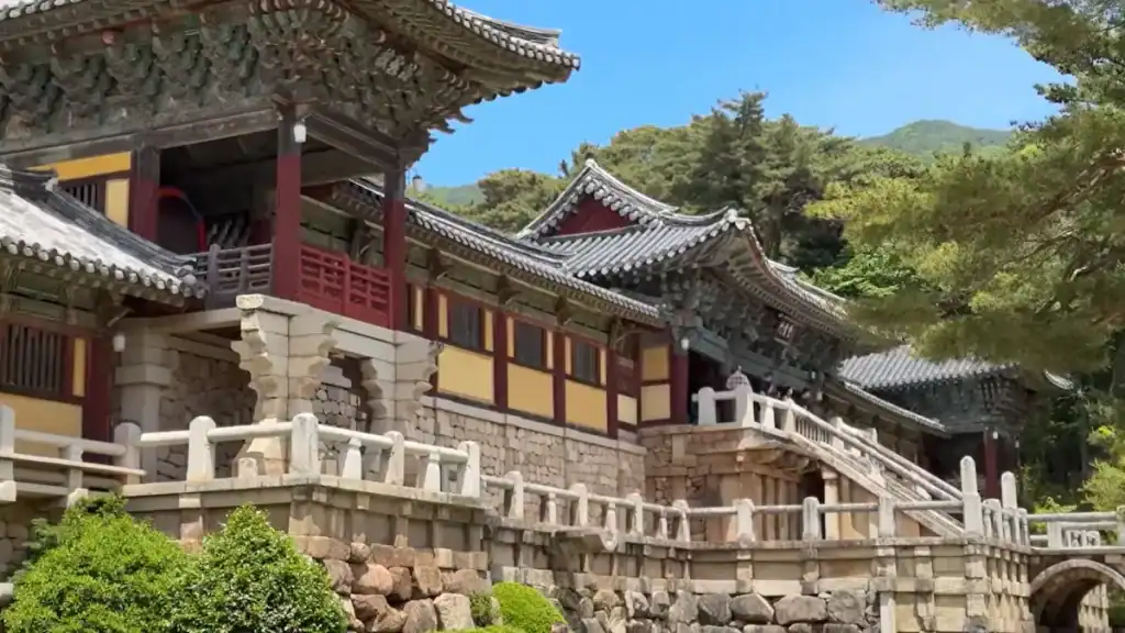 Gyeongju ancient Bulguksa Temple in Gyeongju with stone bridges curved roofs and traditional Korean Buddhist architecture