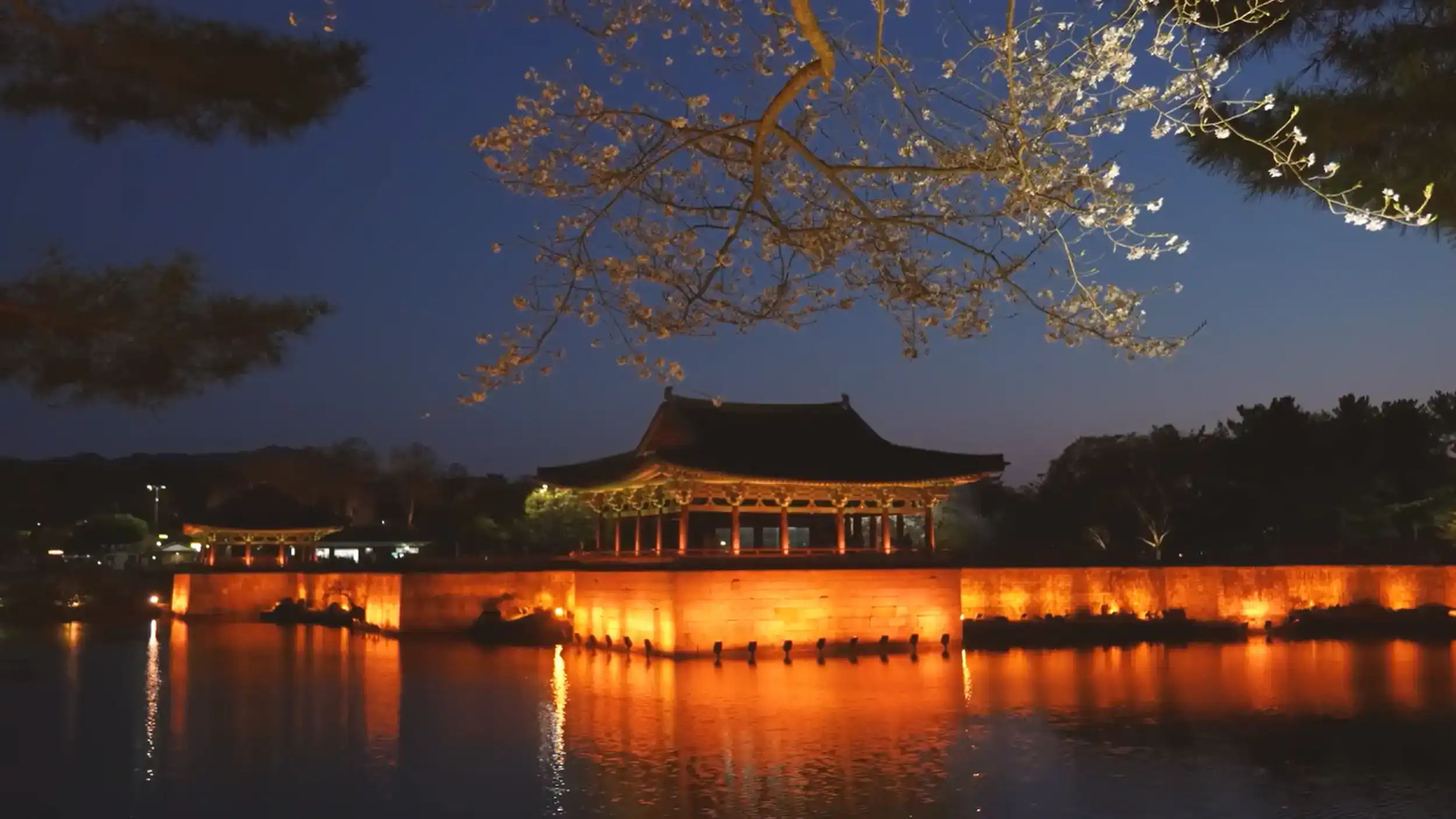 Andong vs Gyeongju illuminated temple pavilion at Wolji Pond in Gyeongju at night with golden lights reflecting on water
