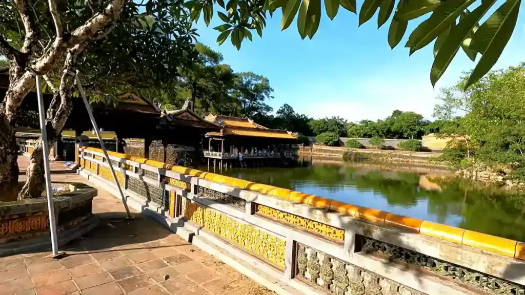 Best Hue Royal Tombs lakeside pavilion at Tu Duc with ornate railings