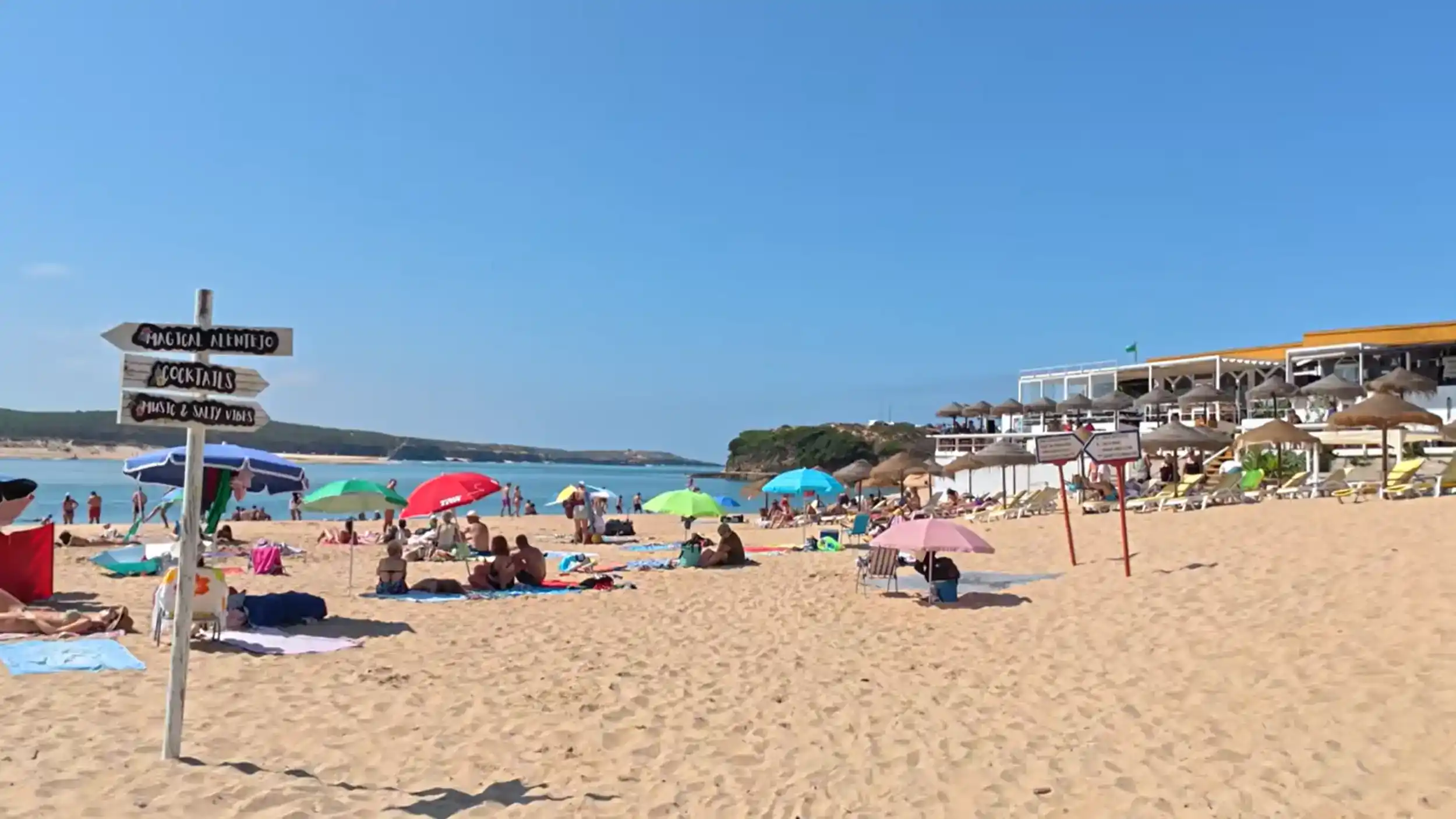 Milfontes beach restaurant with colorful umbrellas and dining showing is Milfontes worth it visit