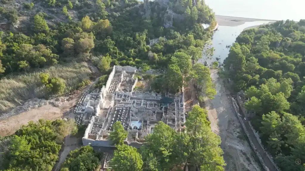 Olympos day trip Antalya aerial view of ancient ruins near river mouth
