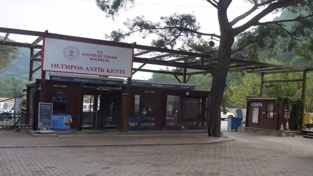 Olympos Beach entrance fee. Entrance gate showing Olympos Antik Kenti ticket office