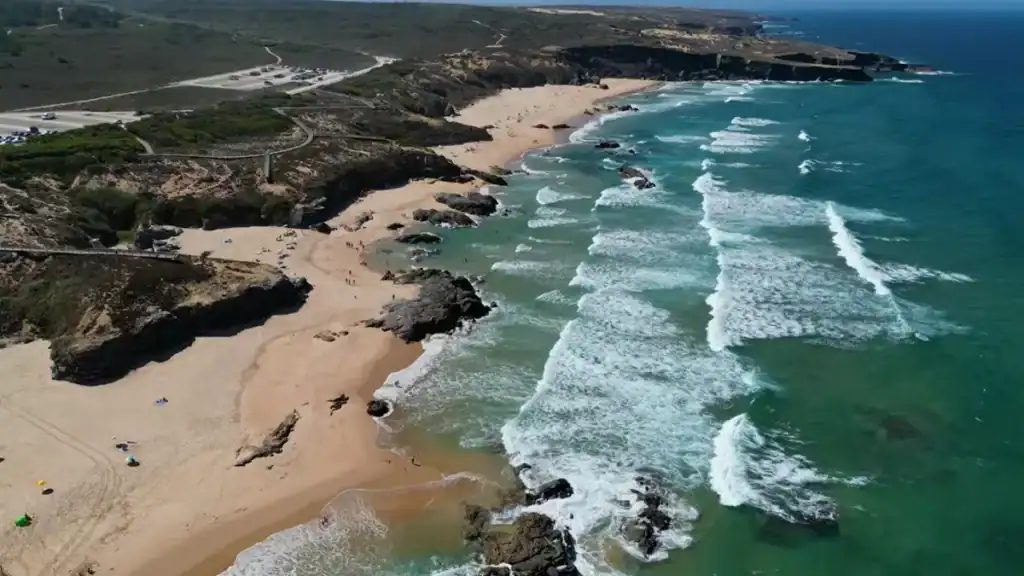Aerial view of Praia do Malhão beach showing why is Milfontes worth it for surf enthusiasts