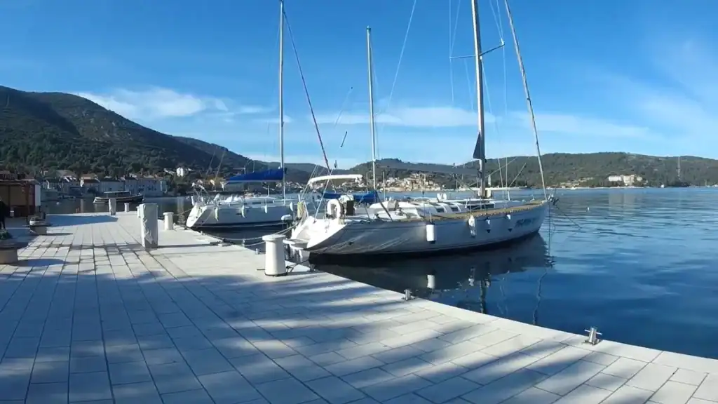 Sailing yachts moored at Vis Town harbor on Vis island in October