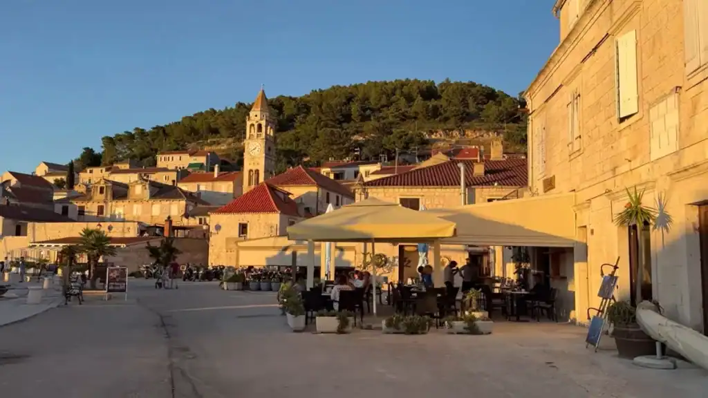 Vis Town main square with outdoor cafes on Vis island in October