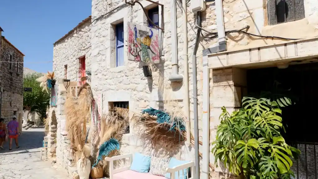 Bohemian shop front with dried grasses and tropical plants on a cobbled Areopoli lane