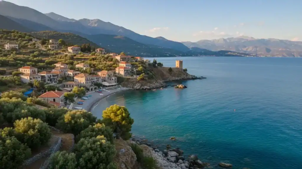 Kardamyli village with stone houses, a watchtower, and turquoise bay backed by mountains