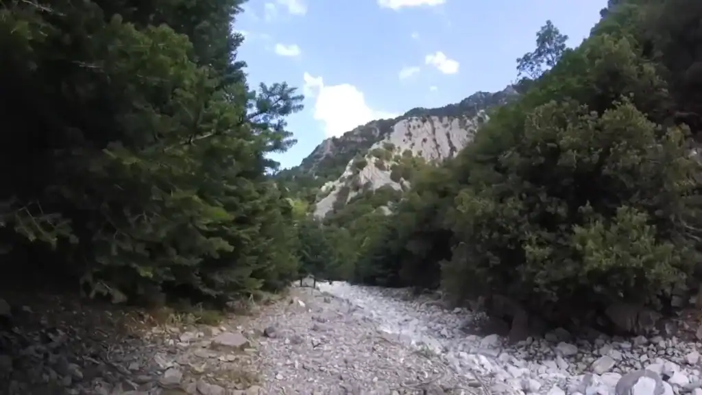 Viros Gorge Kardamyli rocky riverbed with white cliffs and green forest.