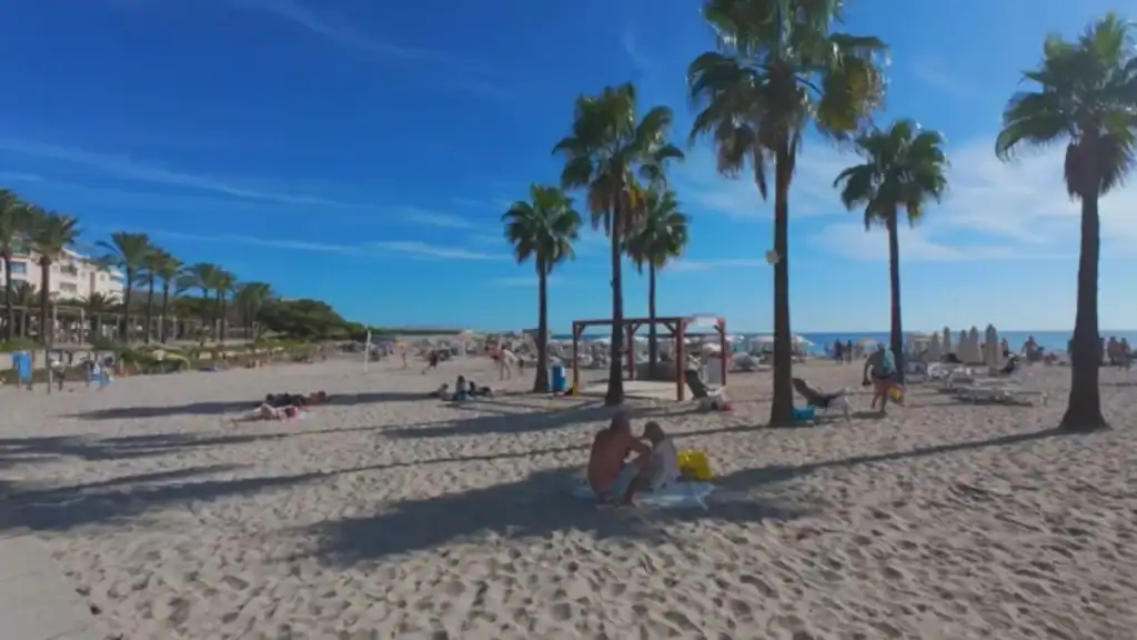 Playa l'Ampolla with palm trees and sandy shores.