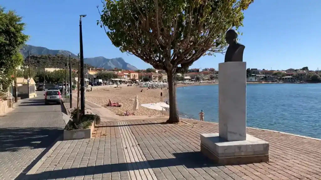 Stoupa town beach promenade highlighting Kardamyli vs Stoupa waterfront amenities and beach access.