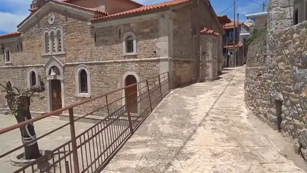 Viros Gorge Kardamyli region showing Tseria village stone church and pathway.