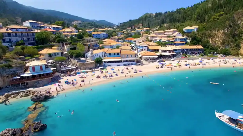 Agios Nikitas village and its sandy beach from above, terracotta-roofed buildings packed into a wooded hillside behind turquoise water busy with swimmers