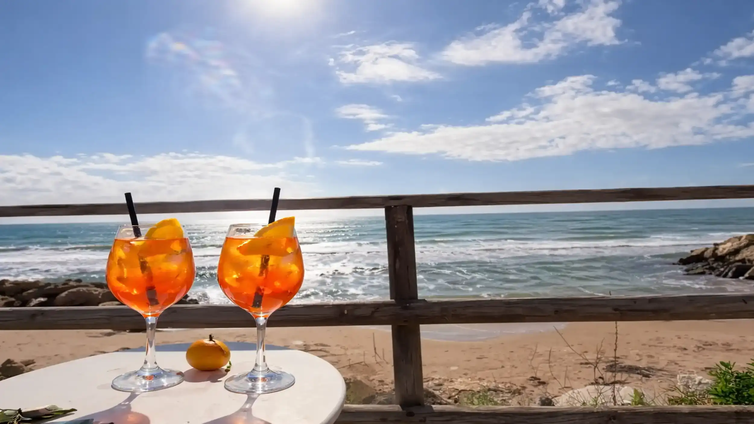 Two wine glasses and an orange on a table overlooking Ragusa Ibla's coastal shoreline at Capo Cipollazzo, with turquoise surf breaking against sandy beach and rocks below a wooden railing.