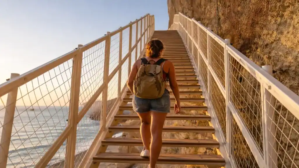 Woman with a backpack climbing the cliff staircase at Egremni beach as warm evening light catches the wooden steps and mesh railings