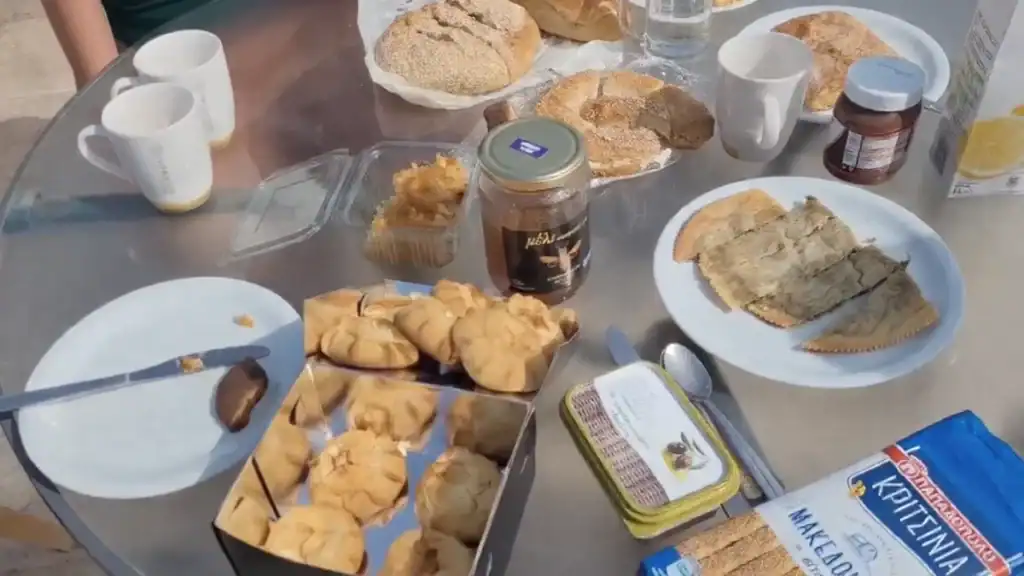 Breakfast before our trip to Falasarna beach. Pastries and bougatsa.