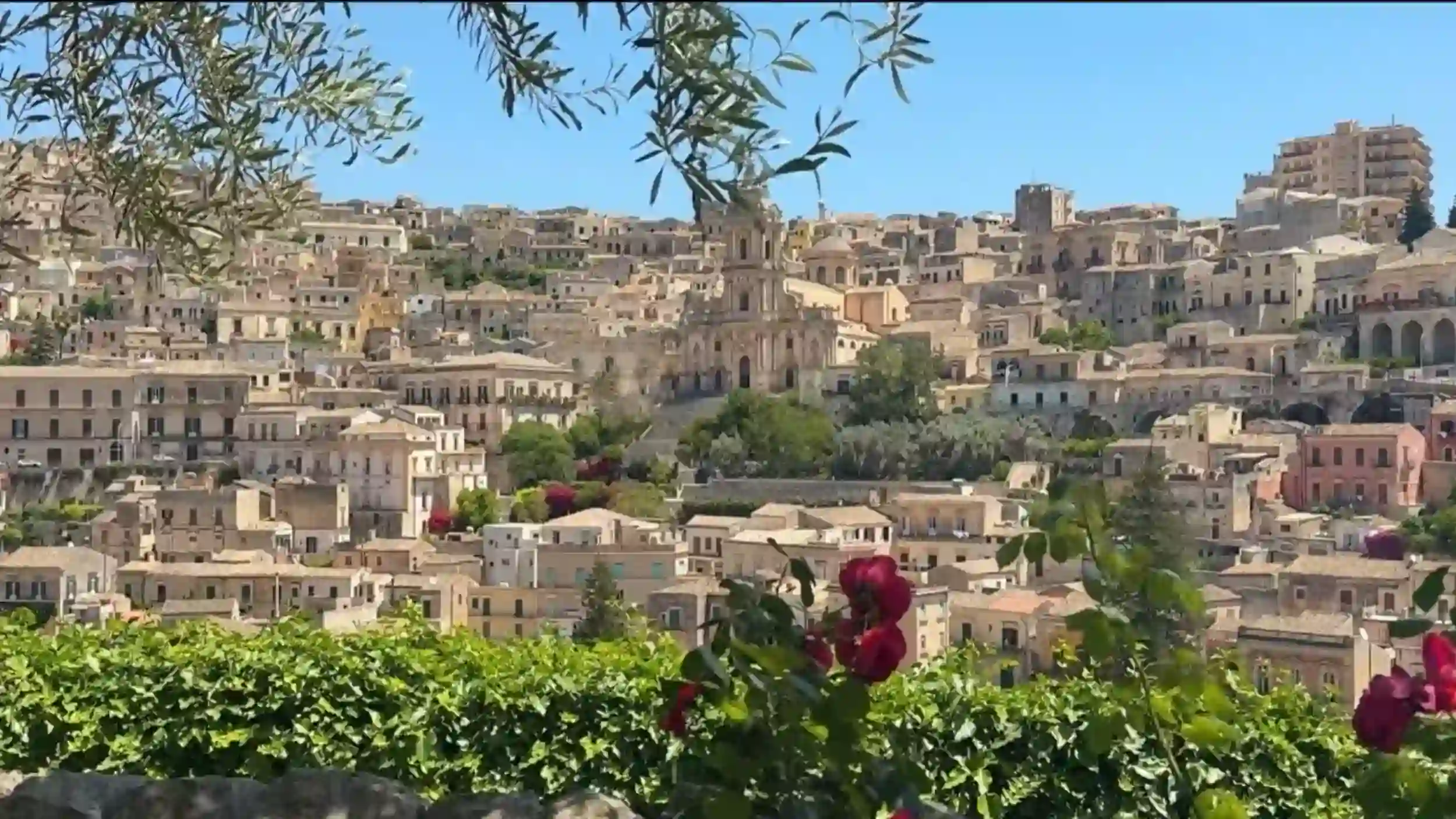 Modica and Ragusa share the Val di Noto's Baroque heritage, and Modica's tiered limestone townscape here shows why, with the Cathedral of San Giorgio rising through densely packed honey-coloured buildings across the hillside, framed by olive branches and red roses in the foreground.