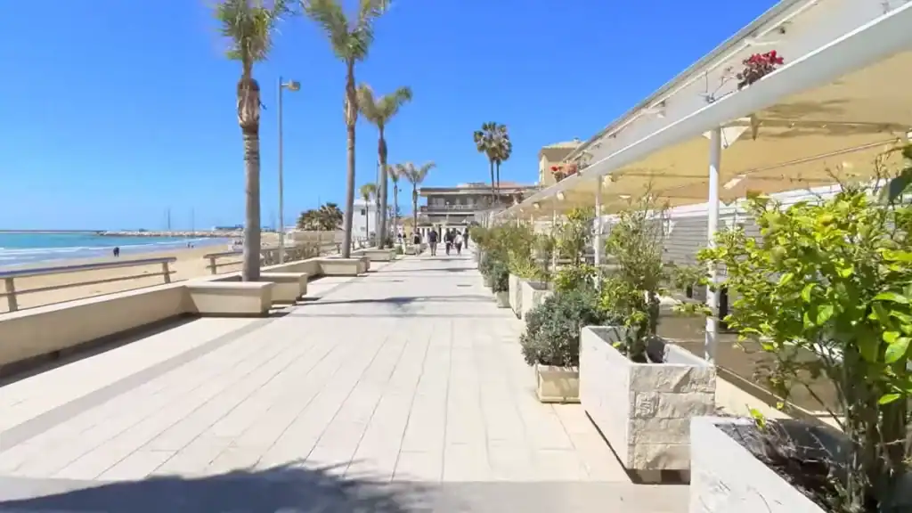 Palm-lined seafront promenade in Marina di Ragusa with stone planters, a shaded restaurant terrace to the right, and the harbour breakwater visible at the far end.
