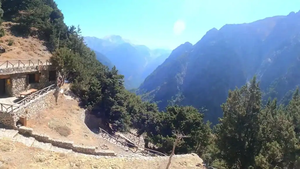 Stone shelter and wooden railing at the gorge rim, dense pines dropping away into a vast mountain valley below.