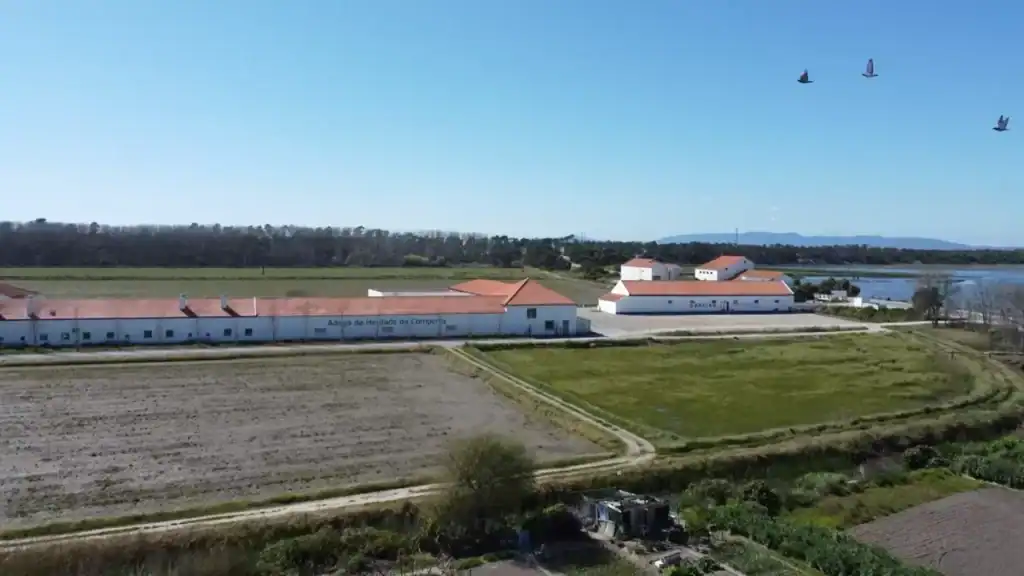 Adega da Herdade da Comporta estate buildings beside fallow Comporta rice fields and a distant lagoon