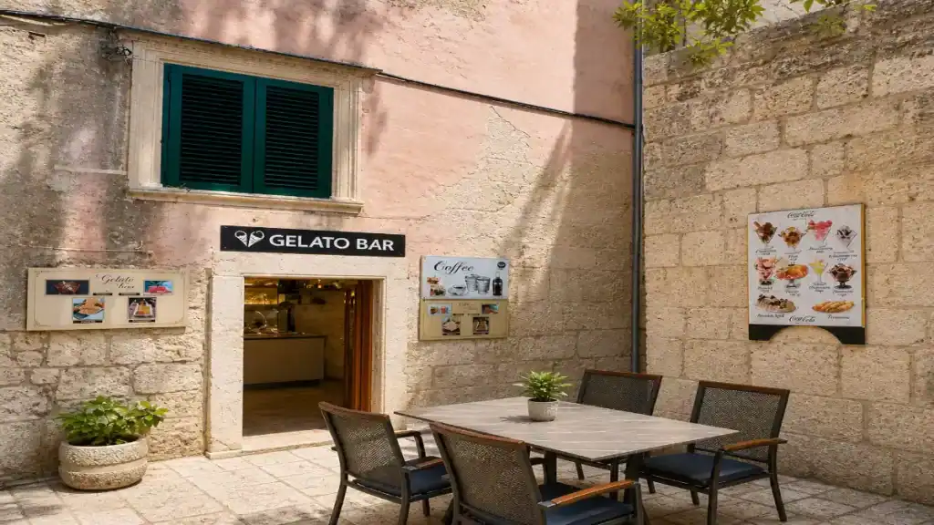 Gelato bar entrance set into a limestone building with outdoor seating in a quiet old town square