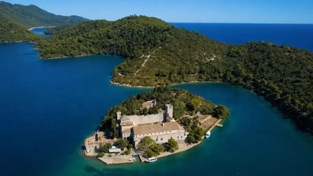 Aerial view of St. Mary's Island monastery on Veliko jezero lake in Mljet National Park
