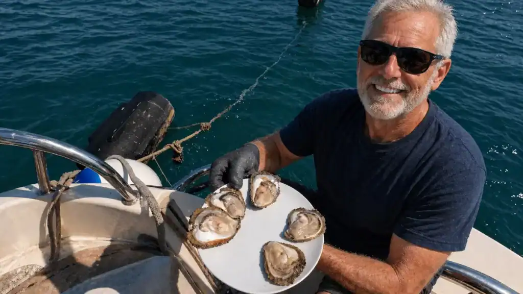 Man holding a plate of freshly shucked Pelješac oysters on a boat, a popular Korčula Town day trip