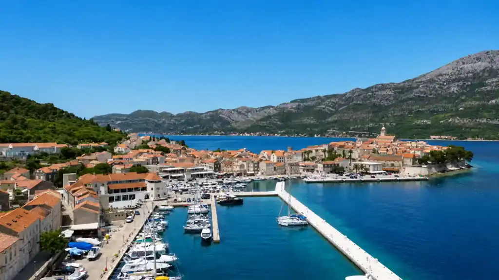Aerial view of Korčula Old Town harbour and marina, Croatia