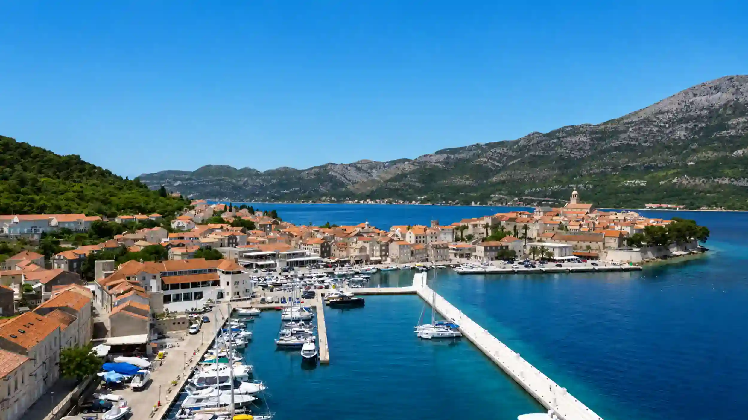 Aerial view of Korčula Old Town harbour and marina, Croatia