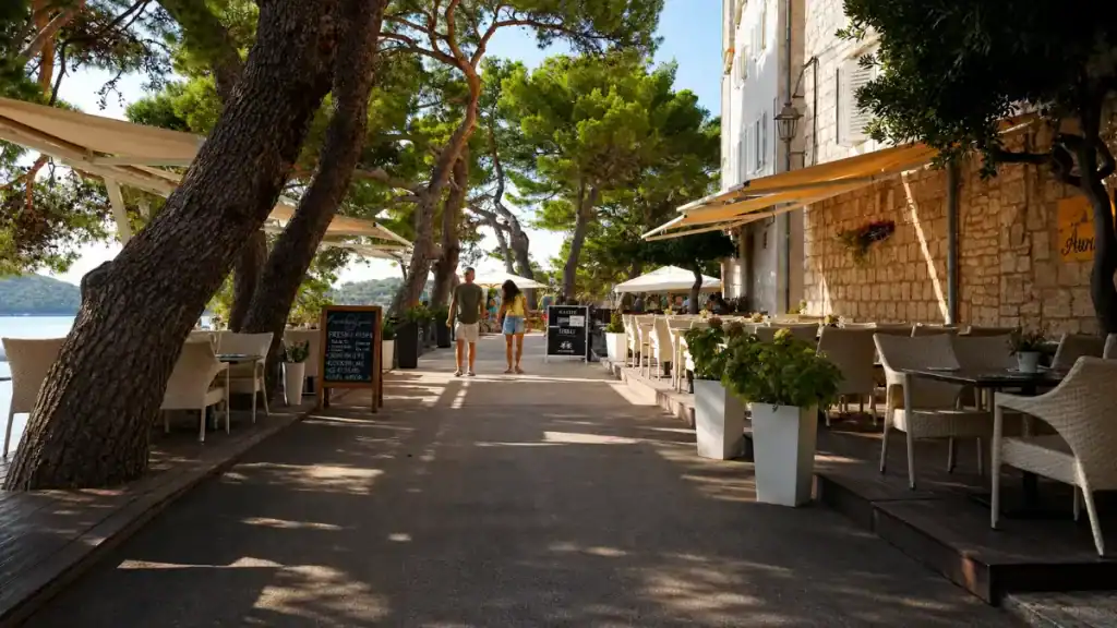Couple walking past waterfront cafés along the Šetalište Petra Kanavelića promenade