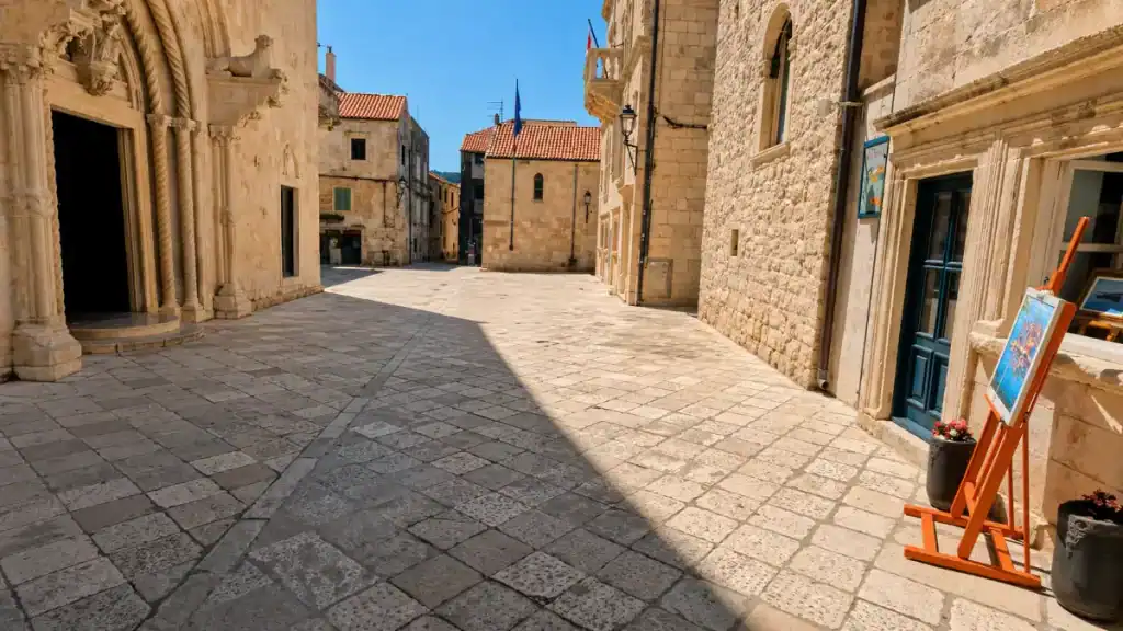 Empty limestone-paved street beside an ornate cathedral portal in the old town