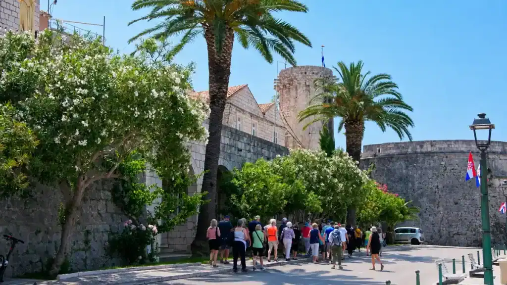 Tourists walking toward the old town walls and tower during Korčula Town's busy times, oleander and palms lining the path