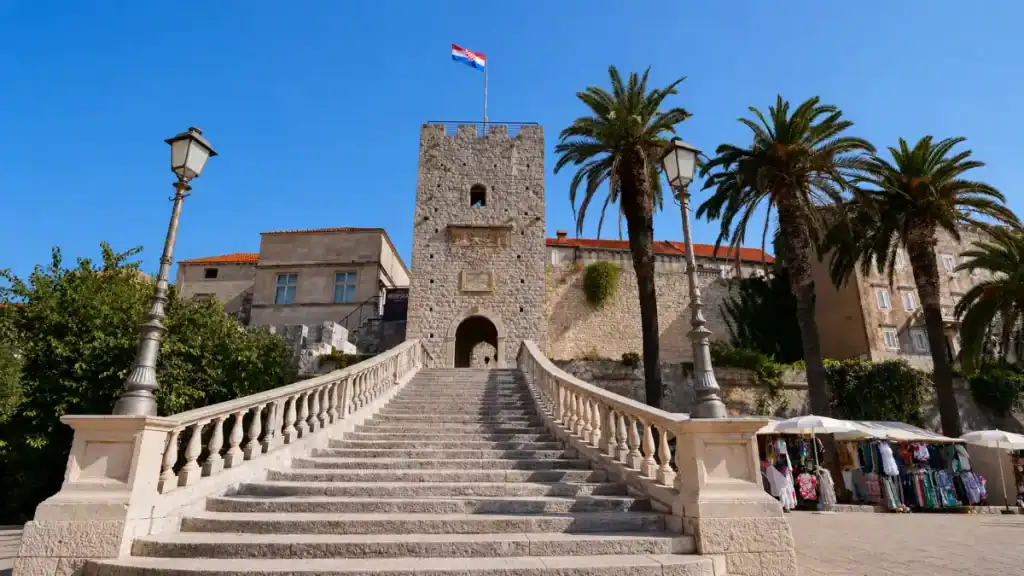 Stone staircase leading to Veliki Revelin Tower, main gate of Korčula Old Town
