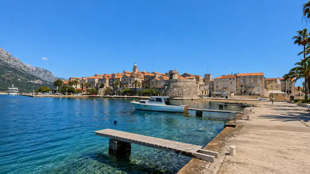 Small boat moored at a dock with Korčula town's walled old town and bell tower across turquoise water