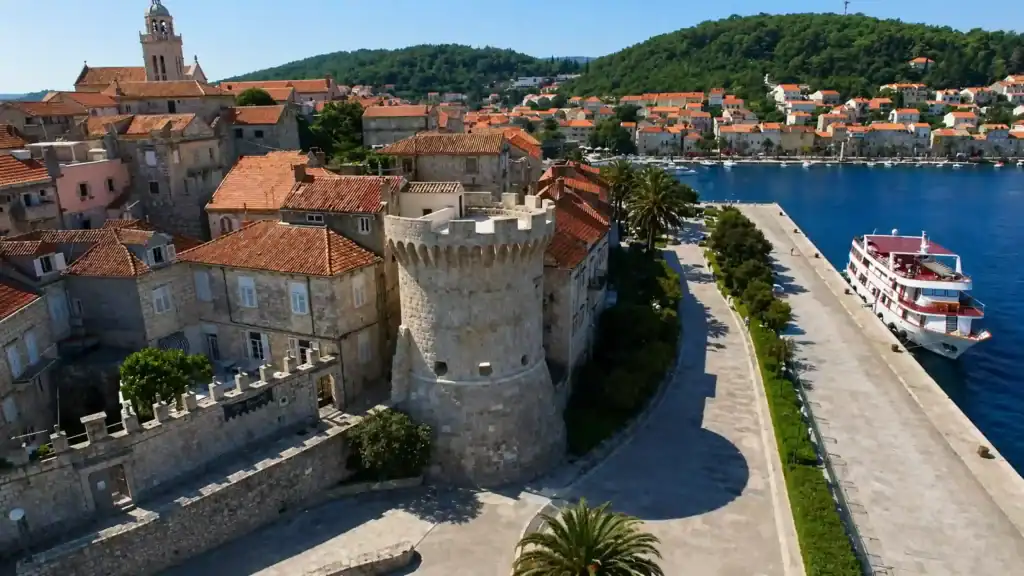 Aerial view of KorĨula town's medieval tower, old town rooftops, and harbour with a cruise ship docked alongside