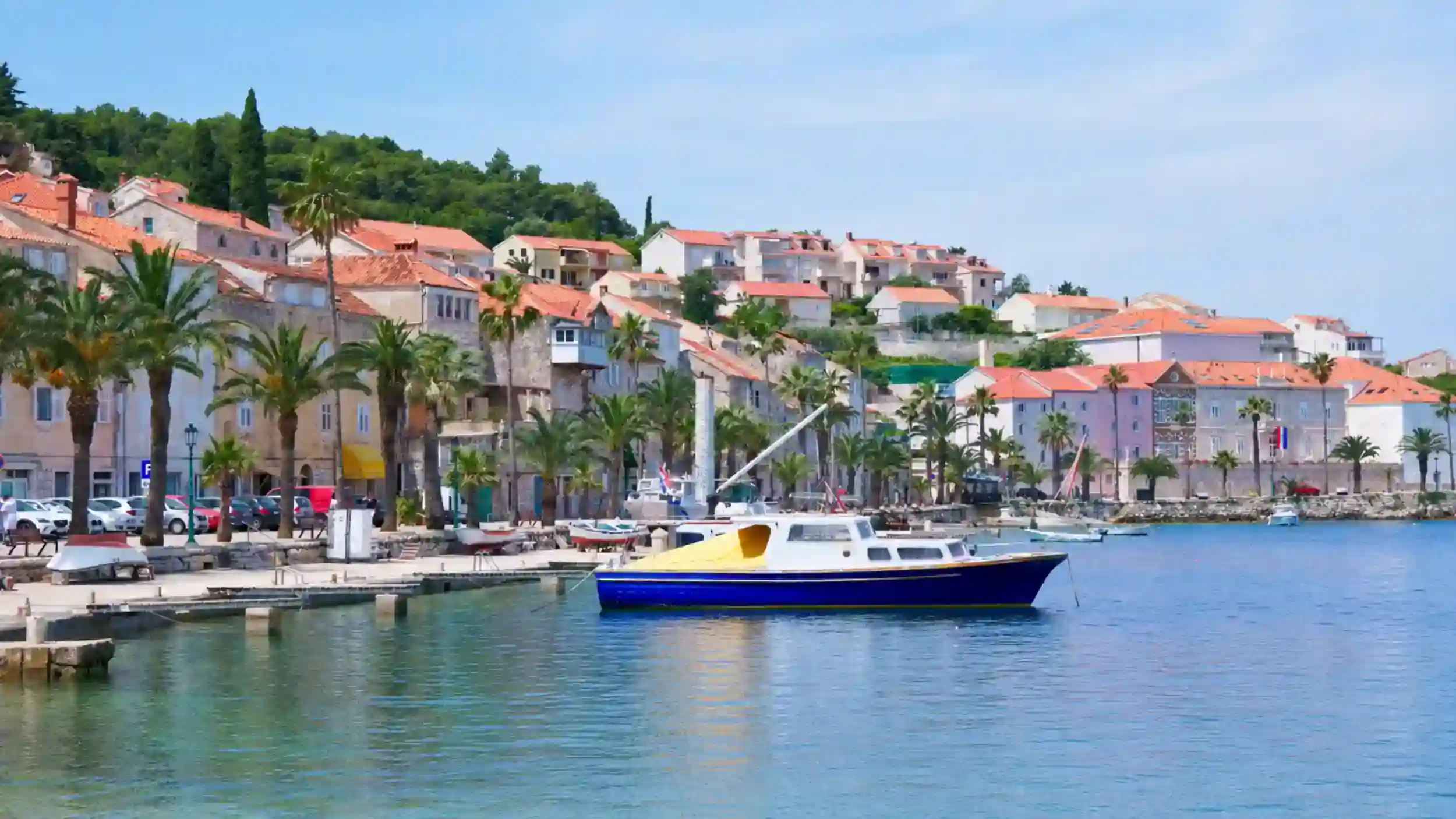 Blue and yellow boat moored in Korčula Town harbour during busy times, stone waterfront buildings and palm trees behind