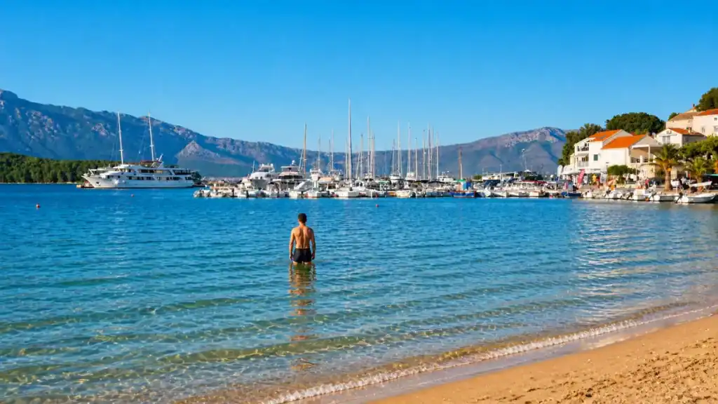Bather wading into shallow water at Pržina Beach near Lumbarda