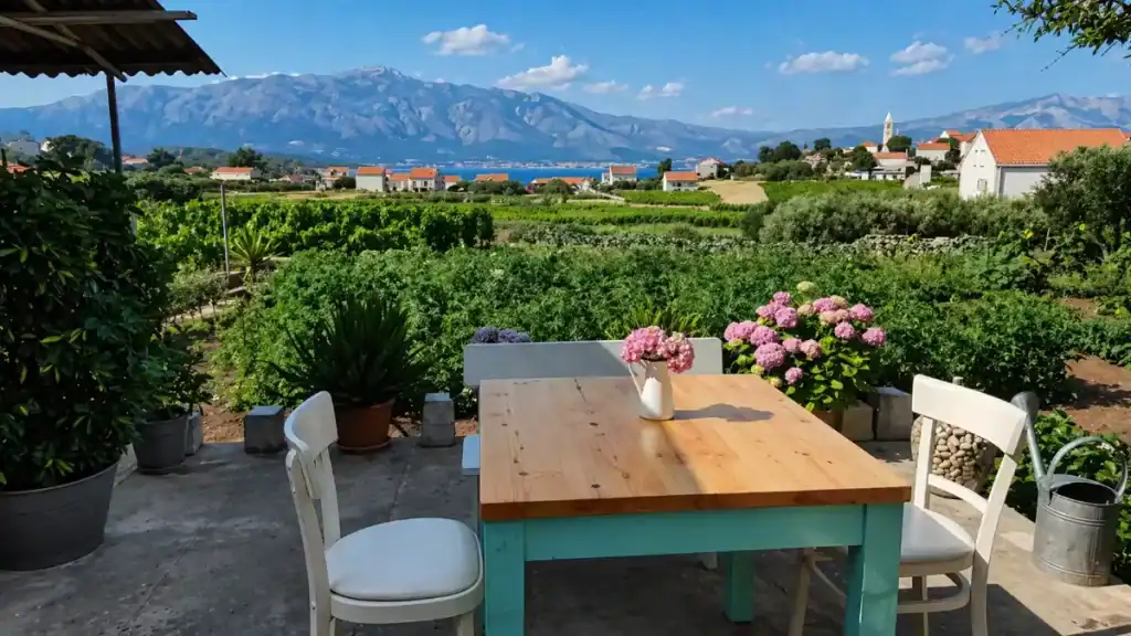 Terrace table with hydrangeas overlooking vineyards, a village, and mountains beyond