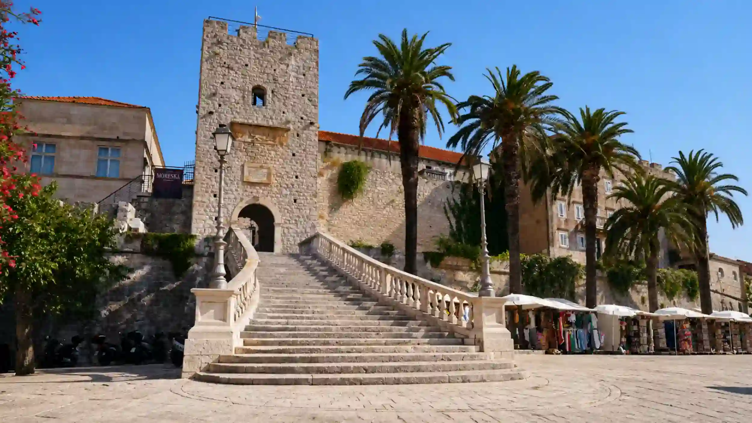 Stone staircase leading to Veliki Revelin Tower, the main gate to explore from Korčula Town